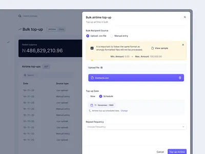 Bulk Airtime Top-up dashboard data design product design schedule ui ui design upload ux design web design