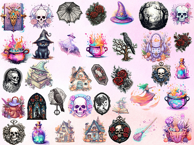 A Mix of my Goth and Witch Themed Cliparts clipart digital sticker goth clipart graphic design halloween pastel skull illustration witchy clipart