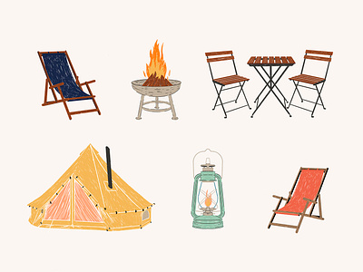 Illustration for Tierra Viva campament camping cute detail fire glamping illustration landscape neutral organic pixels rest traditional wood