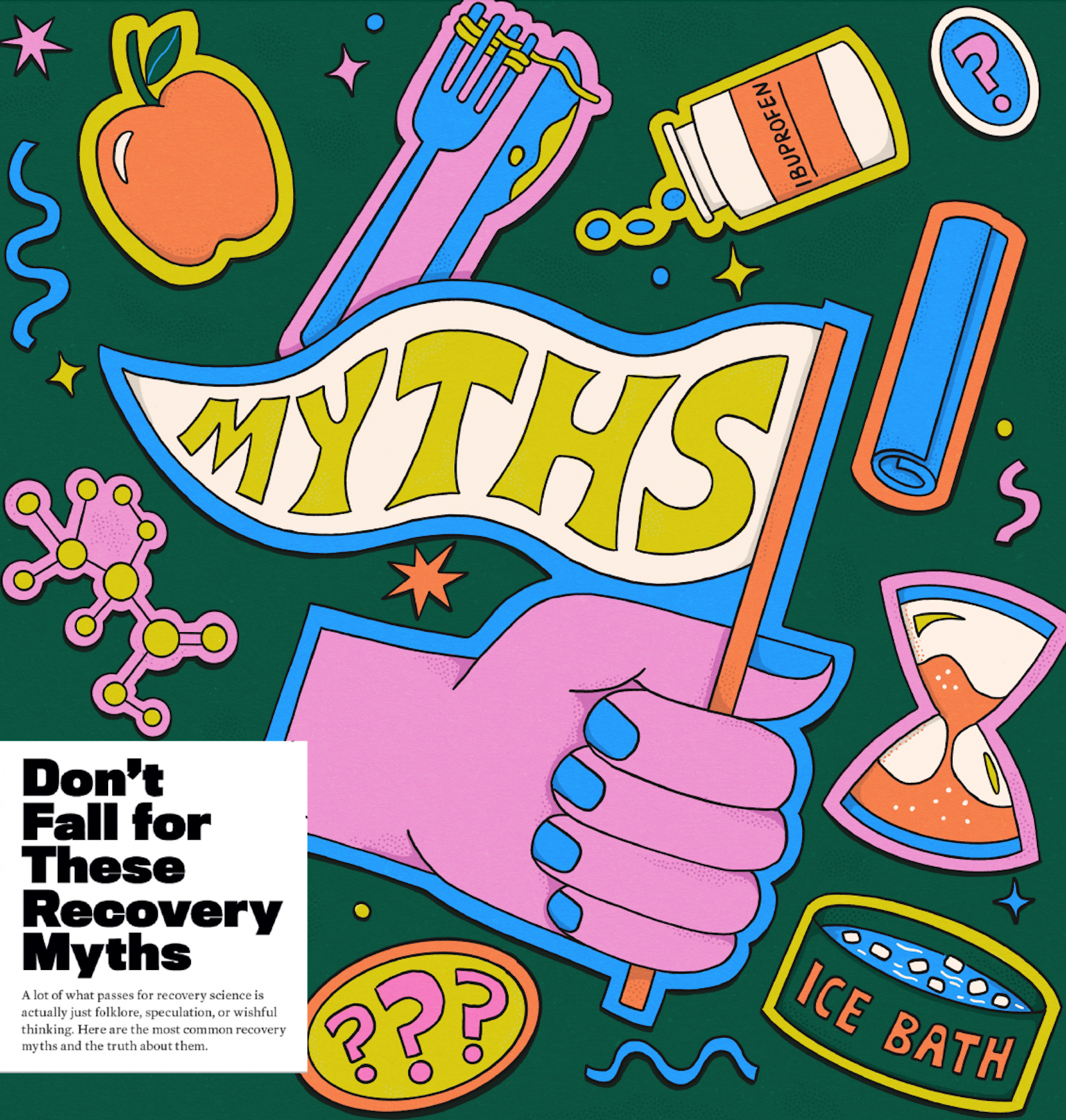 Recovery Myths Editorial Illustration for Runner's World bright editorial editorial illustration fitness hand health illustration lettering magazine myth run runners world sticker time