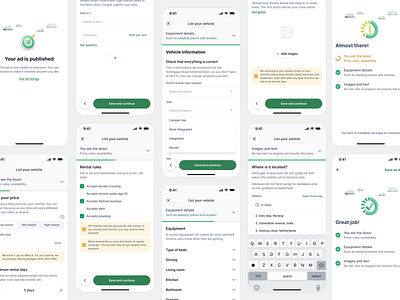 Listing a vehicle on Campr app branding confirmation design designs flows form illustration listing mobile mockup progress renting steps transport ui uiux user experience vector verification