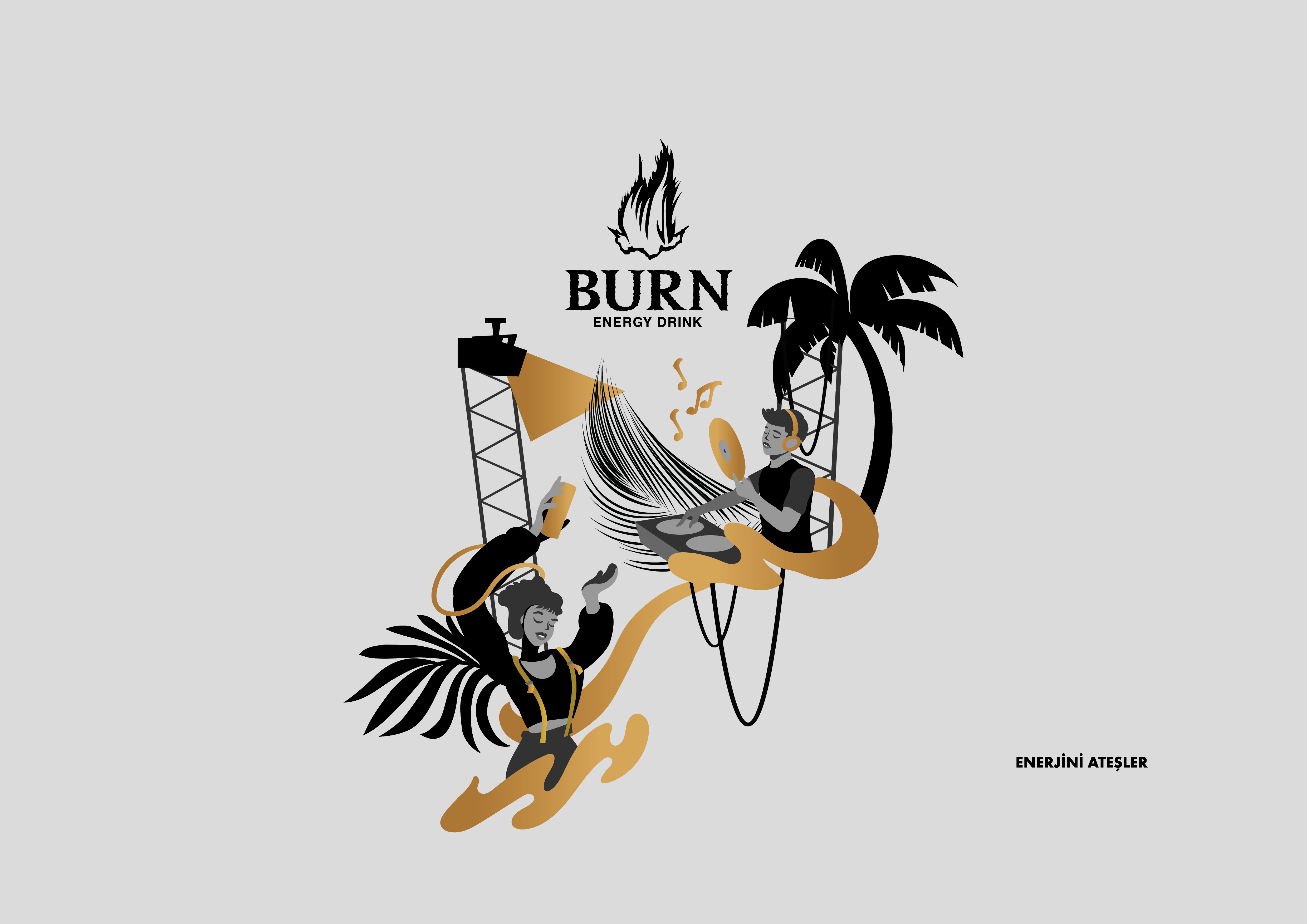 Burn Energy Drink Glass Illustration burn character coca cola dancing dj energy drink glass illustration music promotional gift summer