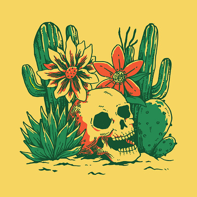 Skull in the garden cactus character dead death desert doodle drawing flower garden graphic design hand drawn illustration nature park plant print skull succulent t shirt vector