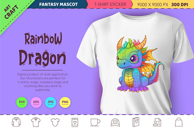 Rainbow cartoon dragon. Fantasy clipart. cartoon character dinosaur dragon fantasy illustration mascot noai rainbow dragon reptile sticker t shirt vector