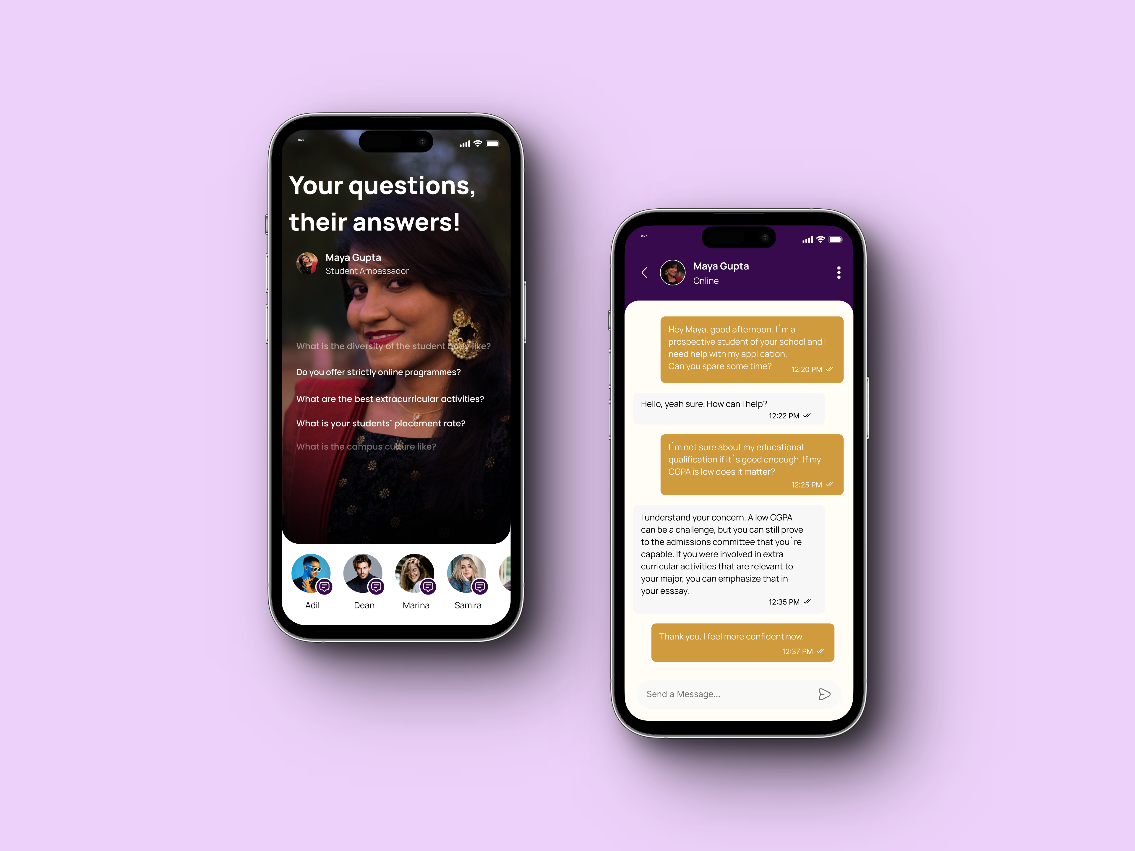 Student Ambassadors feature for a College App admissions ambassadors appdesign appdesign ui chatapp chatui college collegeapp ui