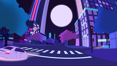 Street intersection scene at night (animation video) 2d 2d animation animation animation 2d animation art animation design cartoon cartoon art cartoon style cartoonn video city scape flying car future futuristic motion graphics night city view sci fi vector illustration video animation video scene