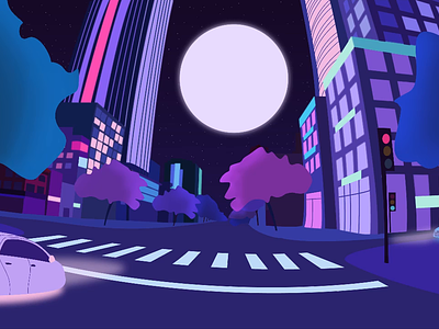 Street intersection scene at night (animation video) 2d 2d animation animation animation 2d animation art animation design cartoon cartoon art cartoon style cartoonn video city scape flying car future futuristic motion graphics night city view sci fi vector illustration video animation video scene