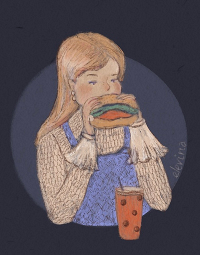 Dressed Up for a Fast Food Dinner cute design digital illustration fast food food illustration funny girl hamburger illustration meal procreate sandwich sweet woman