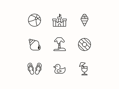 Summer Icons beach beach ball brand branding drink flip flop ice cream icon icon style iconography icons island minimalist rubberduck seashell summer tropical vacation