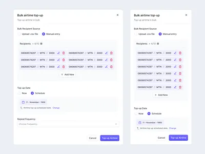 Bulk Airtime Top-up design frequency manual product design recipient schedule ui design upload ux design web design