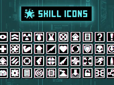 Free Skill 32×32 Icons for Cyberpunk Game 2d 32x32 art asset assets cyberpunk game game assets gamedev icon icons illustration indie indie game pixel pixelart pixelated set skill skills