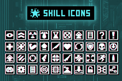 Free Skill 32×32 Icons for Cyberpunk Game 2d 32x32 art asset assets cyberpunk game game assets gamedev icon icons illustration indie indie game pixel pixelart pixelated set skill skills