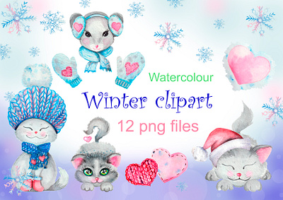 Winter clipart with cats mouse