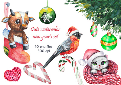 clipart, winter, new year, cat in a scarf snowflakes