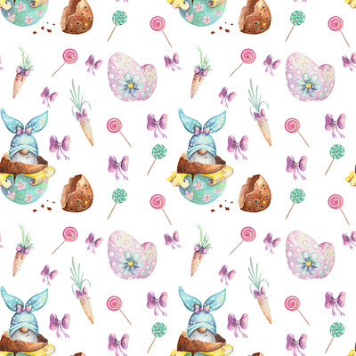 seamless pattren with easter gnomes watercolor