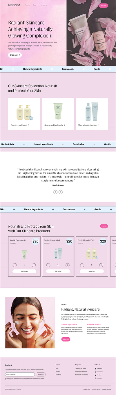 Radiant - Skincare Store Landing Page ecommerce landing page skincare shopo skincare store ui u x design ui ux design