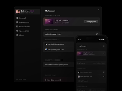 Clay - Settings redesign about after effects appearance clay crm dark mode figma integrations ios macos notifications prm settings sketch ui