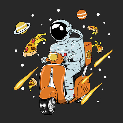Pizza Planet apparel astronaut cartoon design galaxy illustration moon pizza sky space stars tshirt design universe vector vespa