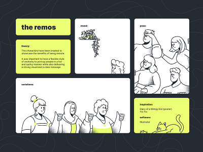 the remos style guide bento design bento presentation design graphic design icon illustration illustration style line minimal remote work retro simple style ui working