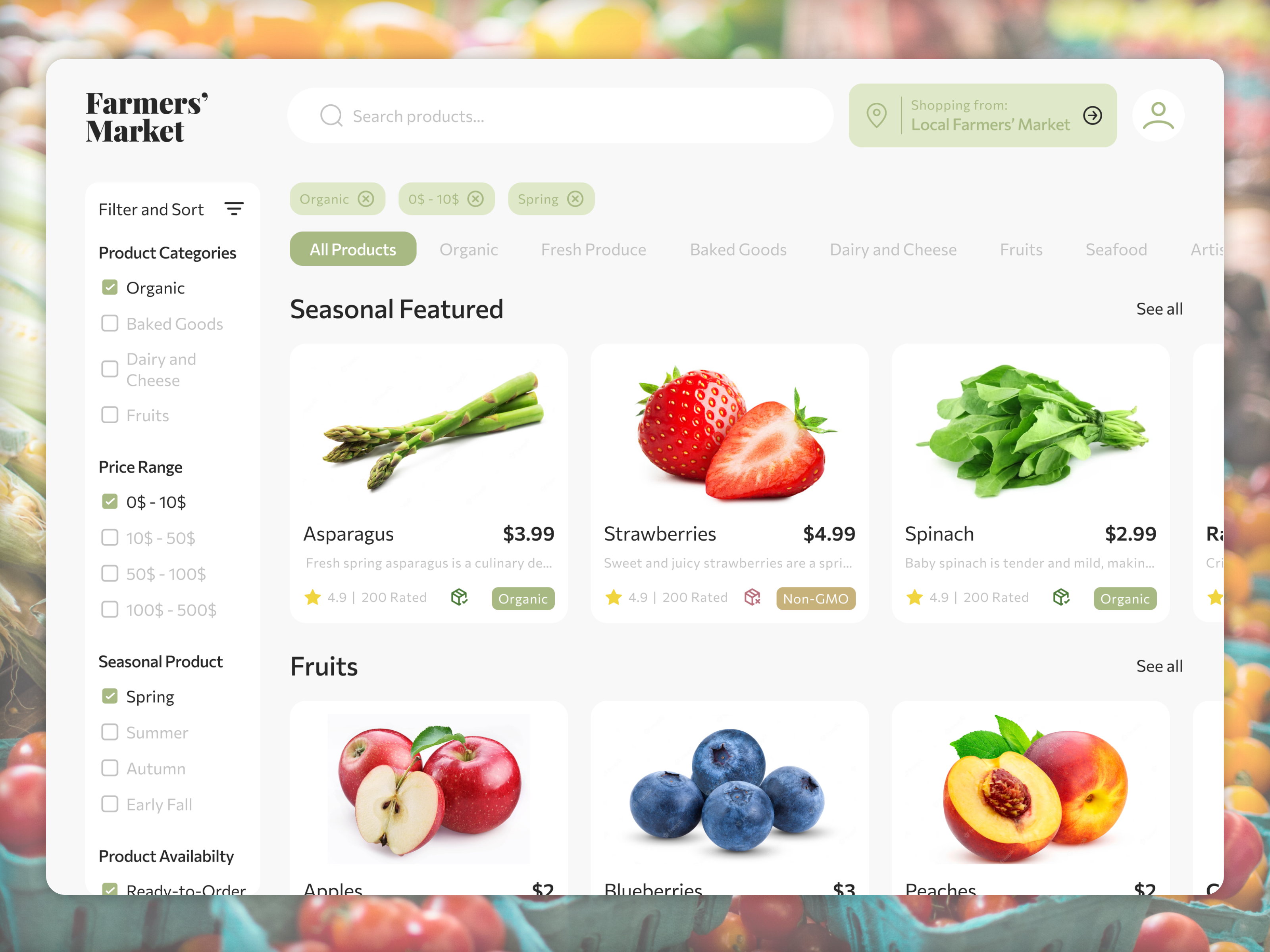 Farmers' Marketplace - Web Design Exploration agriculturalmarket clean ui creativedesign design farmers farmersmarket foodmarketplace fruits green marketplace organic sell simple ui vegetables