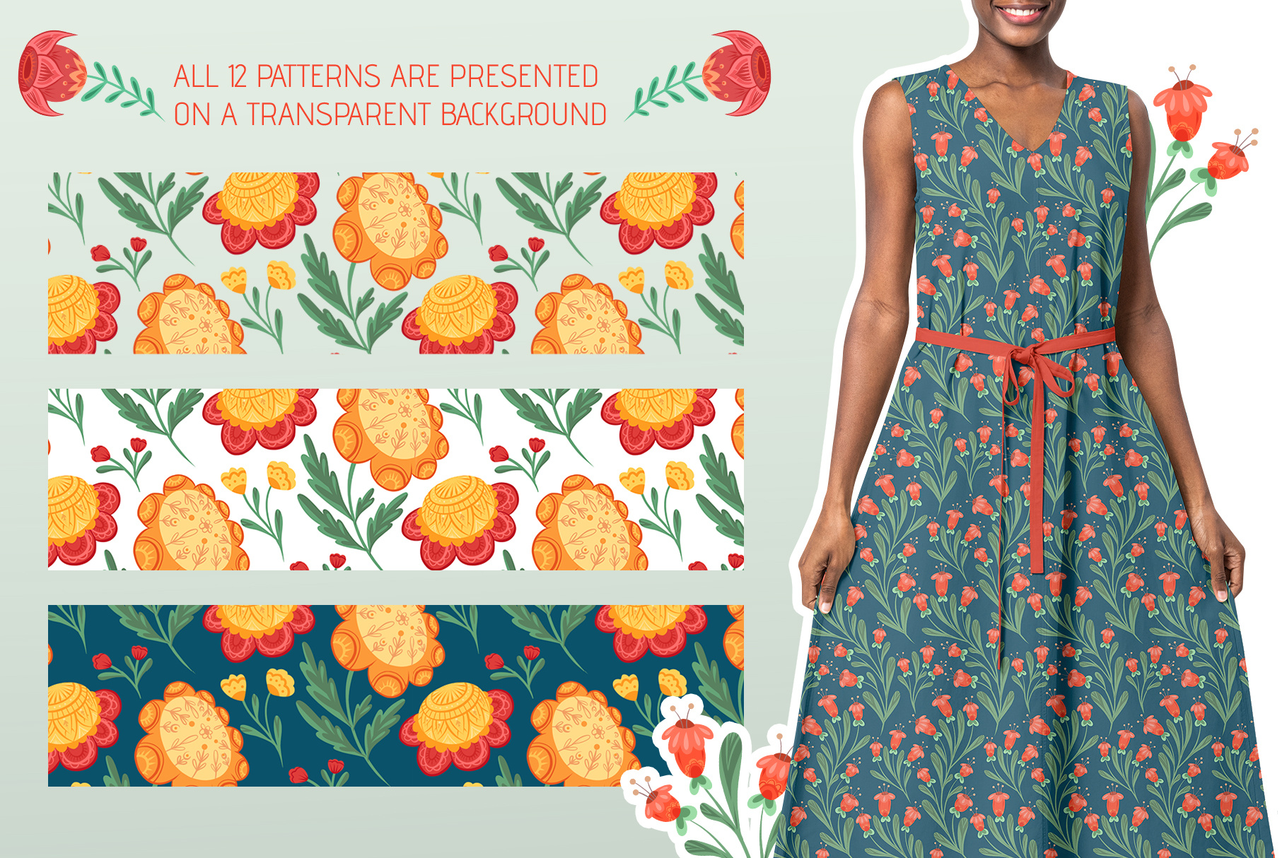 Vector set Decorative floral pattern collection decorative fabric floral flower folk art graphic design native nature pattern presentation rustic textile traditional wallpaper wildflowers