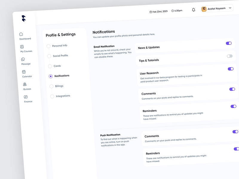 Education SaaS - Notification courses design e learning edu tech education dashboard filllo notification onlinelearning reminder saas tutor ui uiux web design webapp