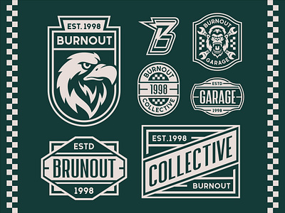 Burnout Garage Design Badge Exploration apparel badge branding clothing cutom motor design emblem graphic design illustration logo logotype mark monogram motorcycle patch race retro typography vector vintage