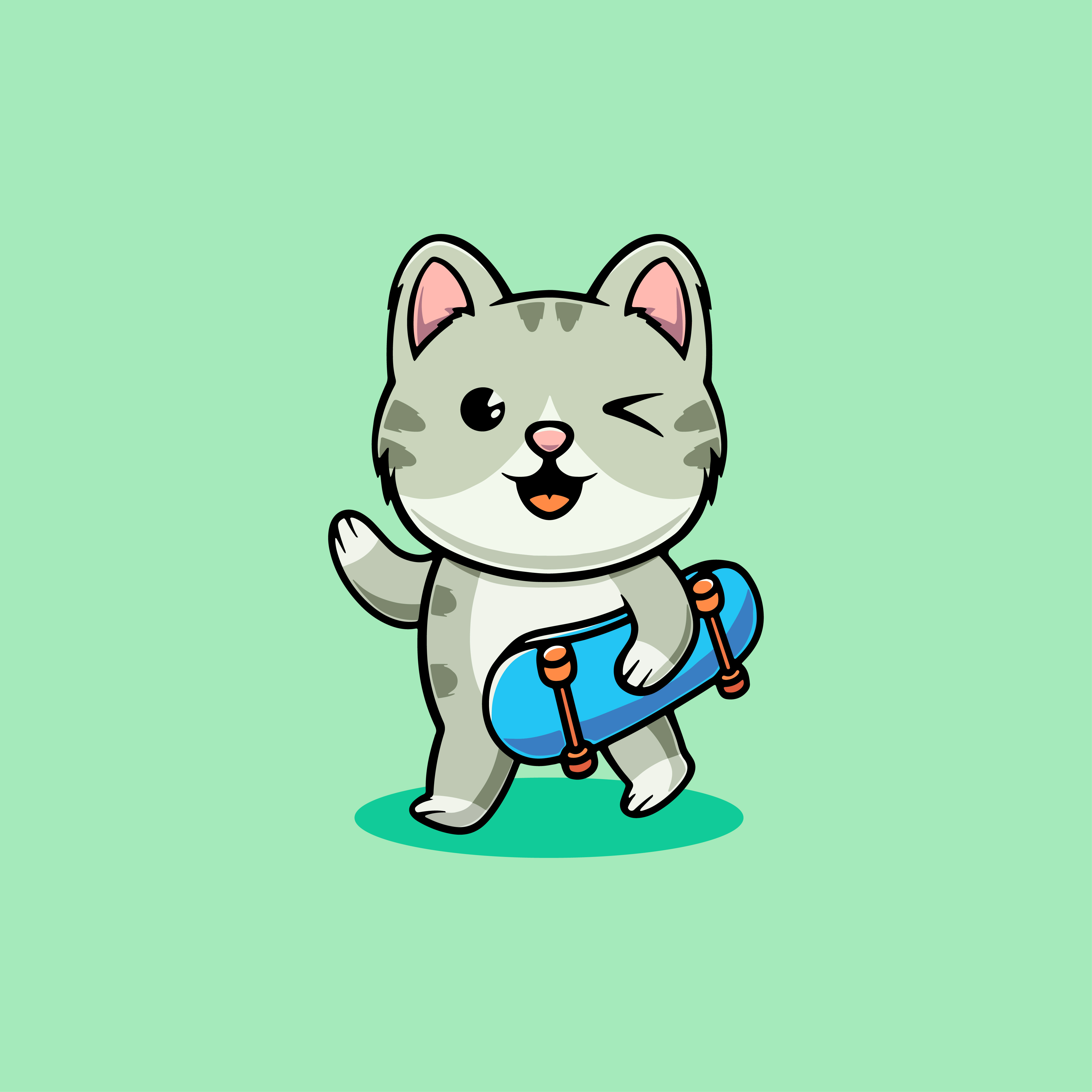 Happy cat playing skateboard cartoon illustration adventure