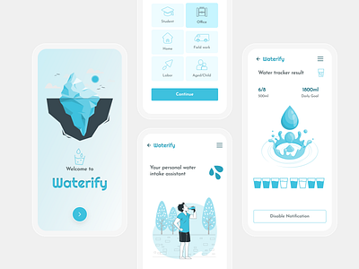 Waterify daily water intake tracker branding daily life illustration tracker app ui user centered app ux ux research water water consumption water intake