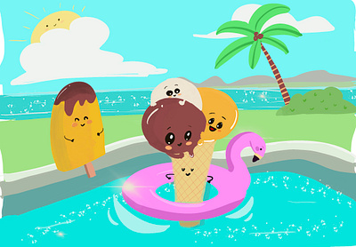 Sunny day at the pool children s illustration cute drawing digital illustration fun happywibes ice cream illustration pool procreate summerwibes sunny day