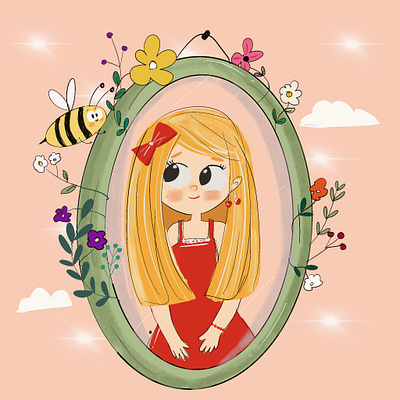 Little girl and the cute bee bee children s illustration cute girl digital illustration flowers happywibes illustration procreate summer summerwibes sun