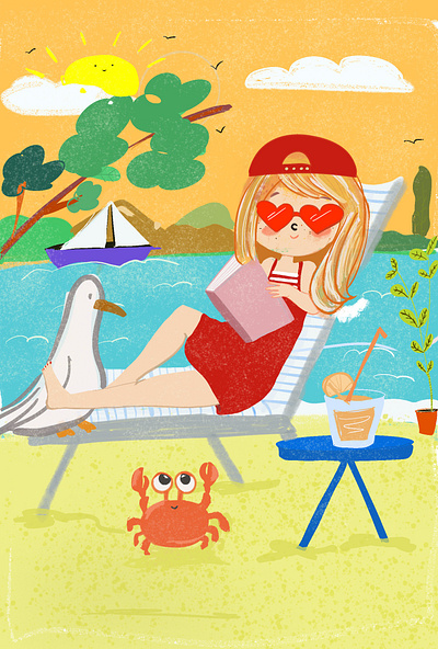 A day at the beach beach blong girl drawing children s illustration cute girl daily drawing digital illustration happywibes hot day illustration pastel colors procreate procreate art procreate brush seagull summer summerwibes sun textures