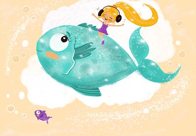Cute fish and happy girl children s illustration cute girl digital illustration happywibes illustration procreate summerwibes
