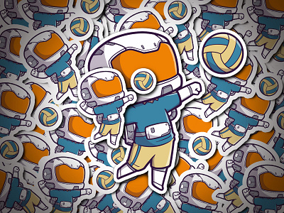 Cartoon astronaut volleyball smash pose branding cute design graphic design illustration kids logo poses smash sports sticker vector volleyball