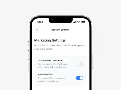 🪄 Marketing Settings app branding clean design illustration light mode logo marketing minimalisitc product product design settings ticket ui user user interface widget