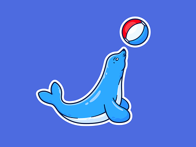 Playing Seal animal ball beachball blue cartoon cartoony chill cute funny graphic design happy holiday illustration ocean relax seal summer vector water wave