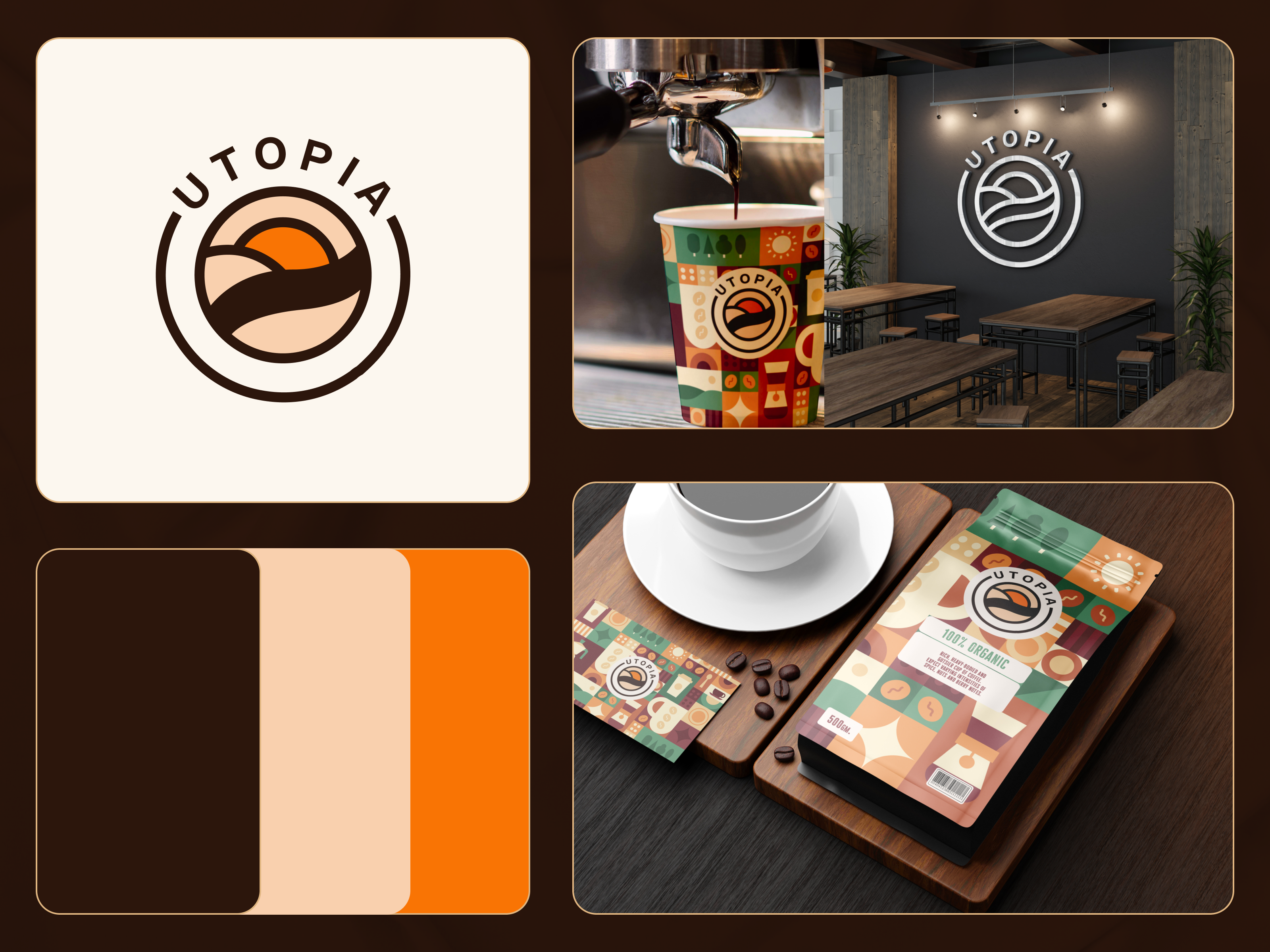 Utopia Cafe Brand Identity Design 3d badge design brand identity branding business cafe branding cafe logo coffee coffee roastery branding coffee shop coffee shop branding coffeelover food and beverages identity logo logodesign mokcup popular coffee logo tea tea branding