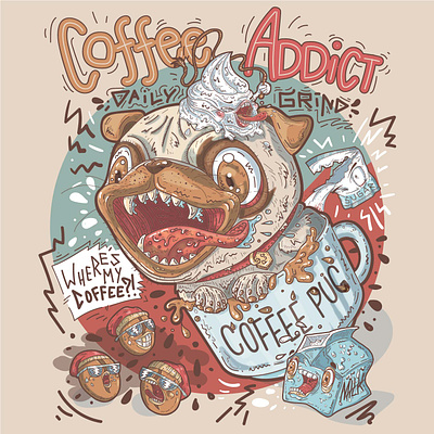 Coffee Addict branding character coffee addict coffee love coffee pug coffee puns design graphic design i love coffee illustration puc seamless pattern t sgirt design vector