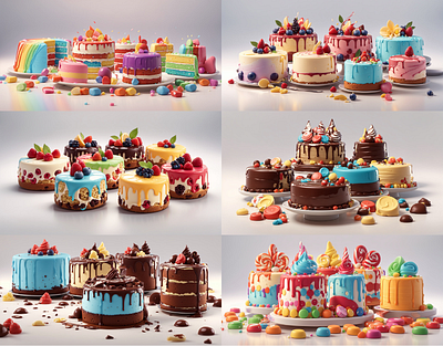 Delectable Delights: Colorful Cake Sets 3d 3d art ai art baking cake set cakes cgi chocolate colorful colors design dessert food food photography food styling fruit ice cream pantry sweets