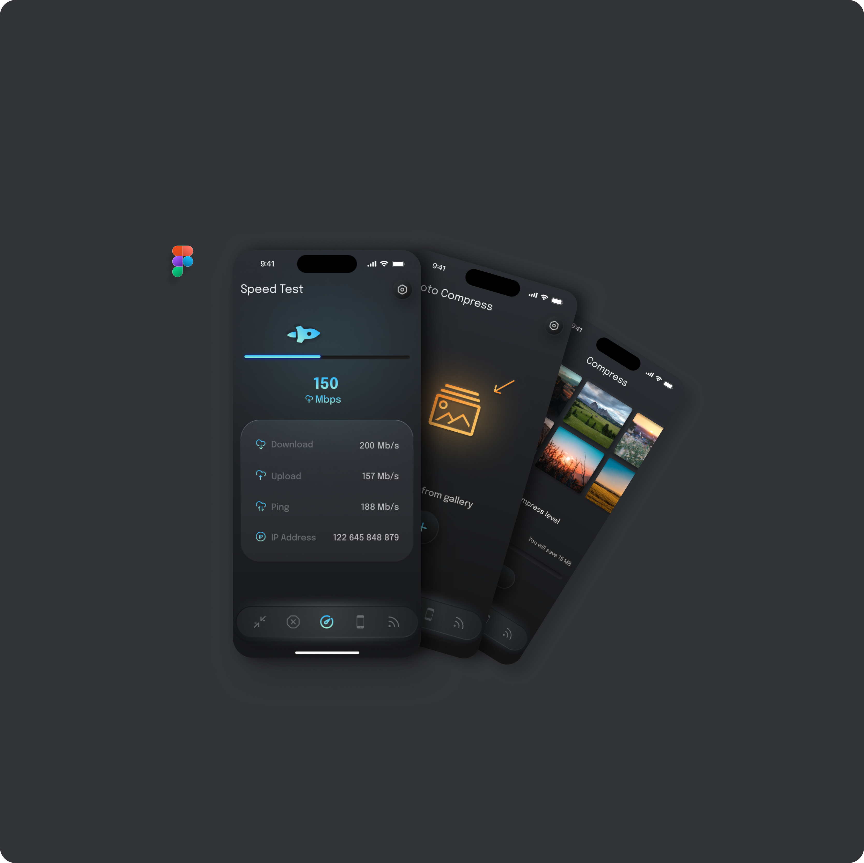 Speed Test & Photo Compress iOS App UX/UI Design app app design dark ui design figma illustration ios mobile app neumorphism ui uiux ux ux design uxui