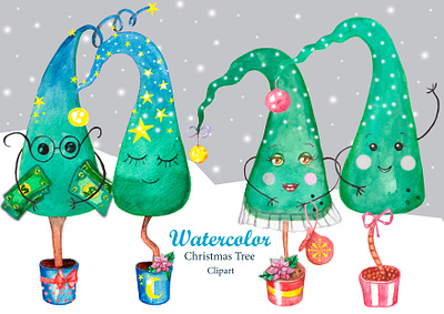 clipart watercolor, funny christmas trees fabulous