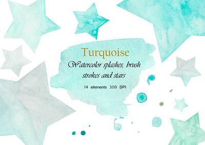 clipart, watercolor, turquoise stars and divorces splashes