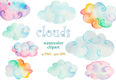 clipart, watercolor, colored clouds colored clouds