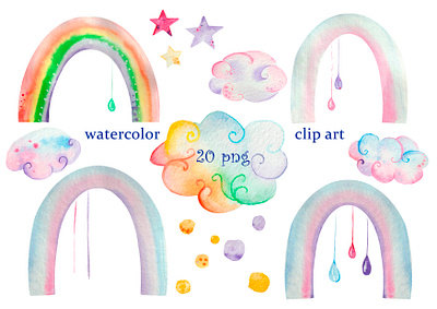 clipart, watercolor, colored clouds, rainbow, raindrops raindrops