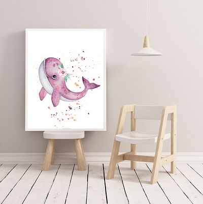 poster, nursery, pink whale, watercolor, flower flower