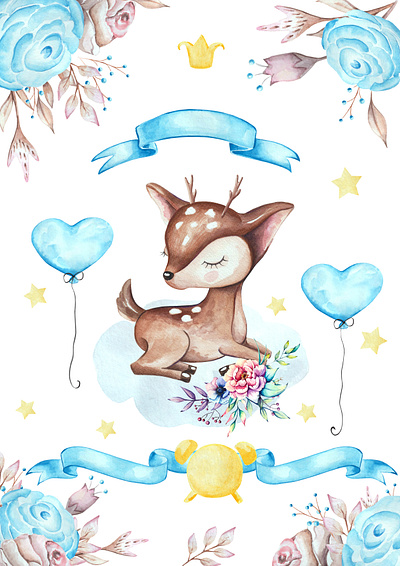 set, nursery,little fawn, watercolor, flower nature