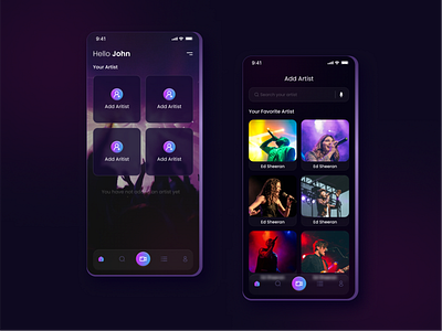 Music App Design app design application artist colorful design concert dark mood dark ui gradient design ios live perform mobile app music music app pop song