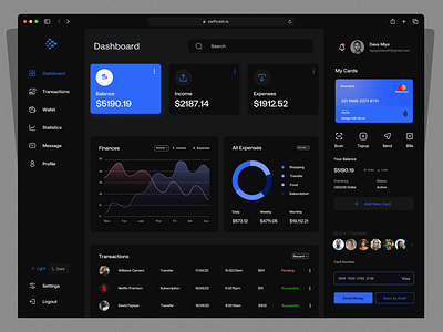 Fintech Transactions Dashboard (Dark Mode) blue darkmode dashboard design fintech graphic design mockup money ui uiux uxdesign