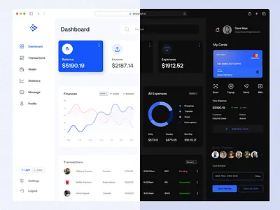 Fintech Transactions Dashboard Page (light & Dark Mode) banking dashboard cryptocurrency ui dashboard redesign data visualization dribbble design financial app design fintech ui mobile finance app payment analytics ui uiux user friendly interface uxui inspiration