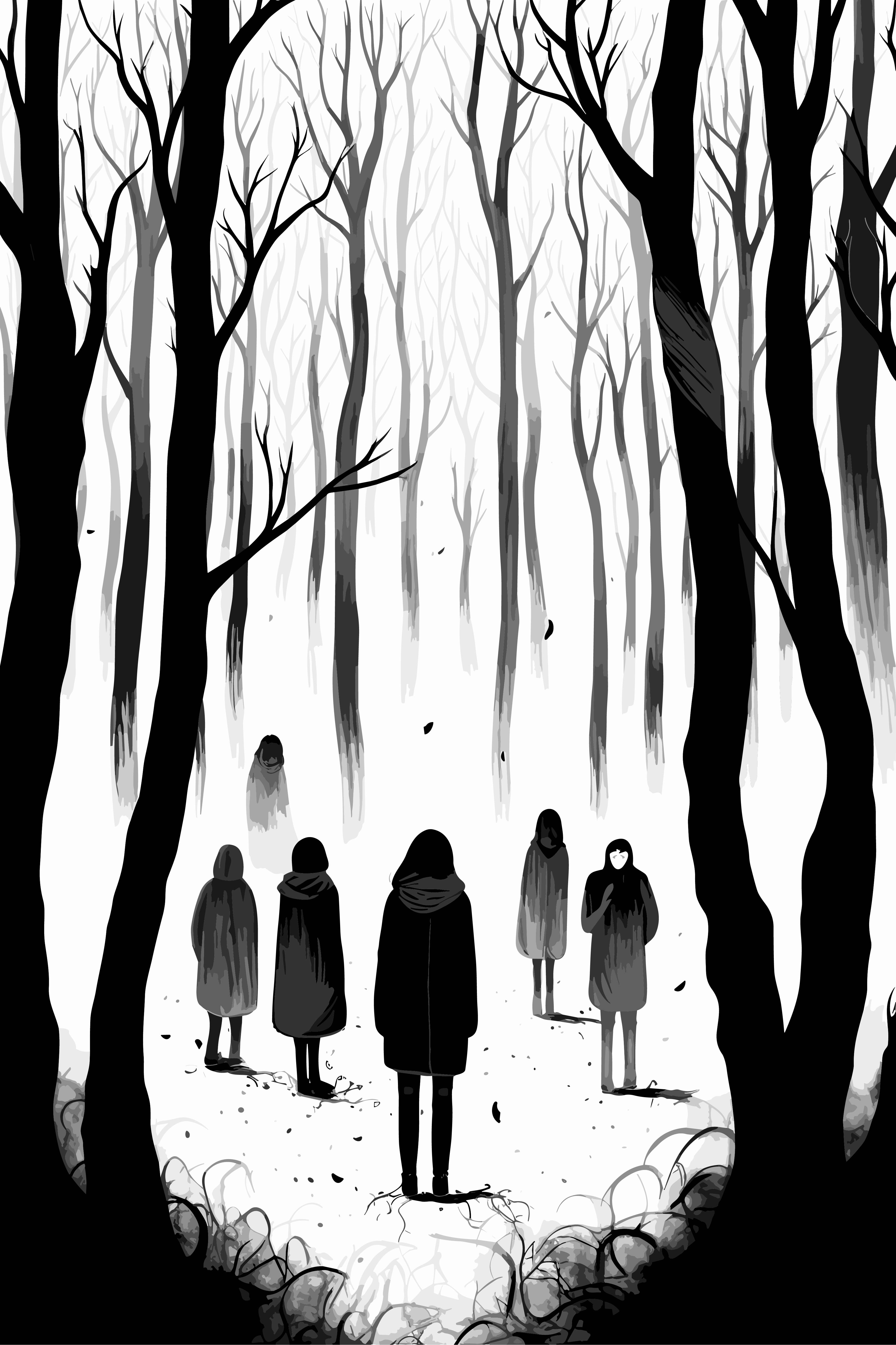 Shadows of the Forest ai antiutopic art black blackandwhite book bq coat depressing forest illustration ink midjourney minimalism shadow shadows stranger strangers vector white
